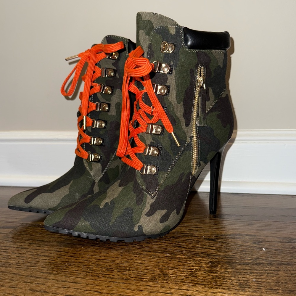 Camo print, heeled booty with orange laces, size 11, from shoe dazzle